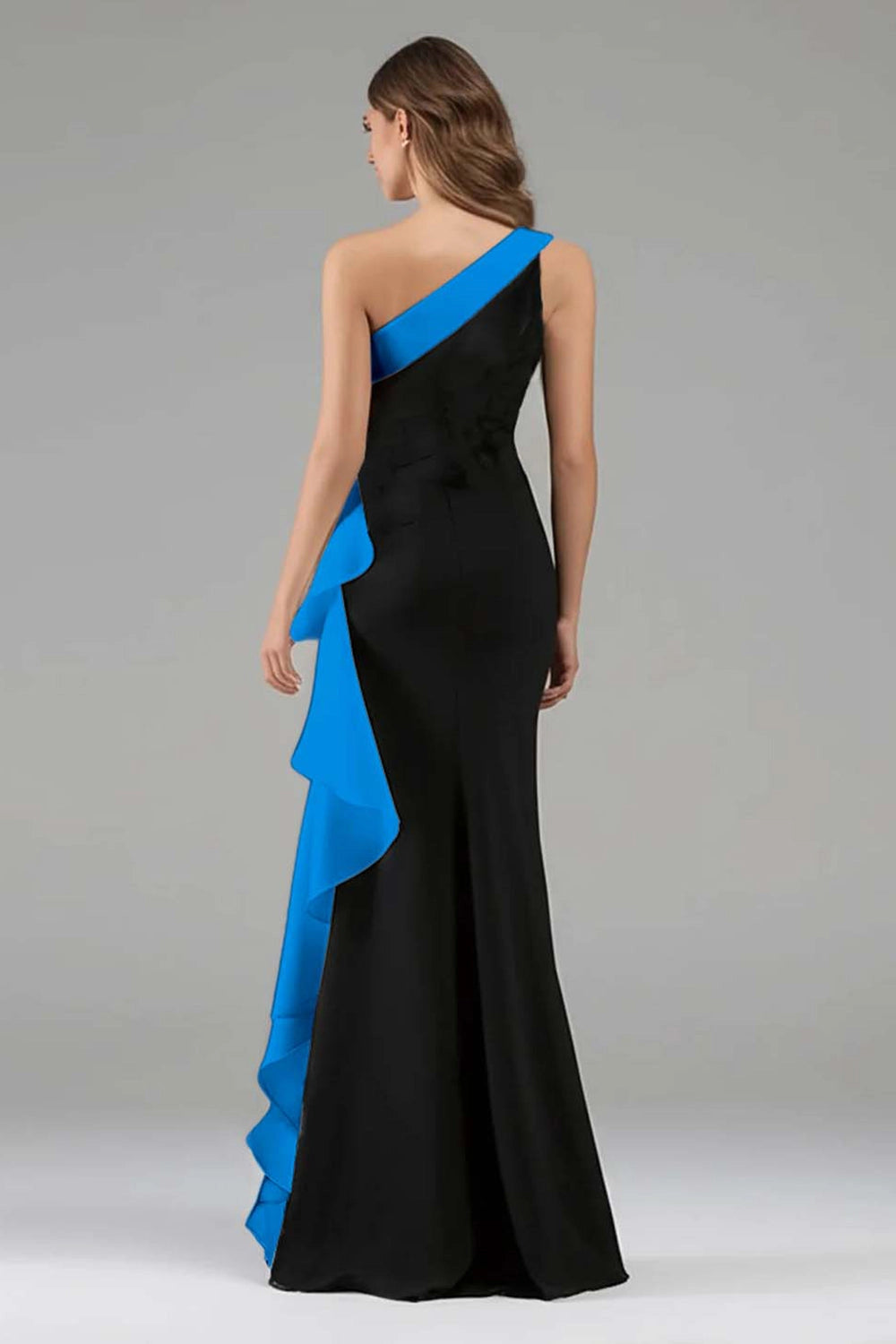 Black White Mermaid One Shoulder Closed Back Long Prom Dress