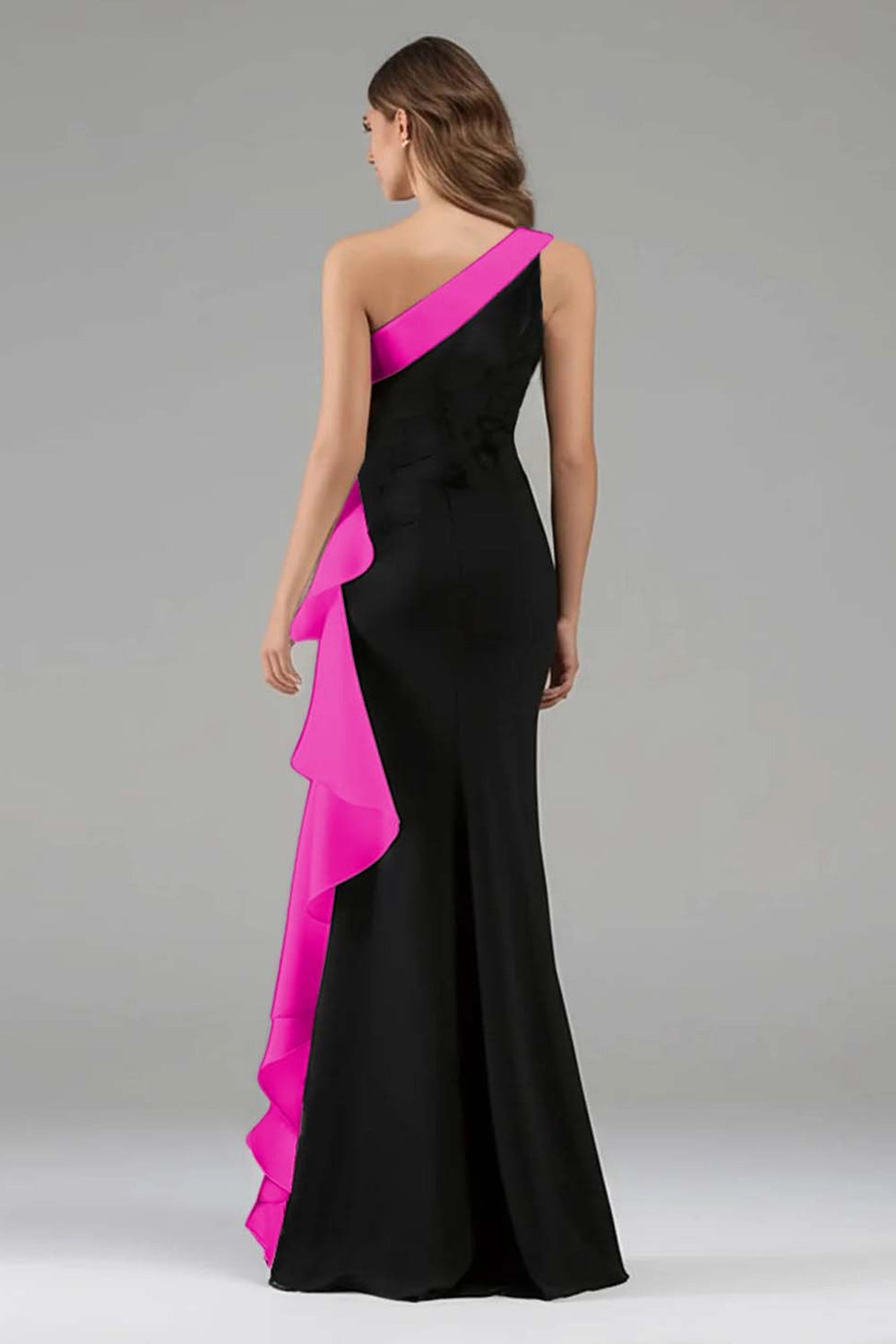 Black White Mermaid One Shoulder Closed Back Long Prom Dress