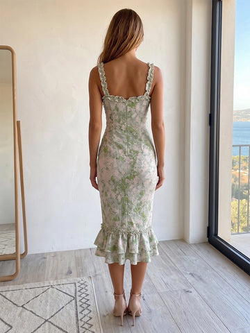 Vedress floral sheath midi wedding guest gown back view with low open back and zipper