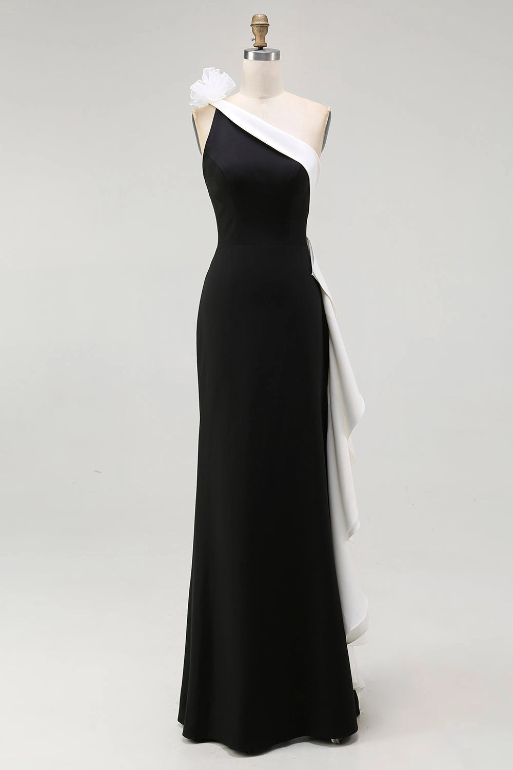 Black White Mermaid One Shoulder Closed Back Long Prom Dress