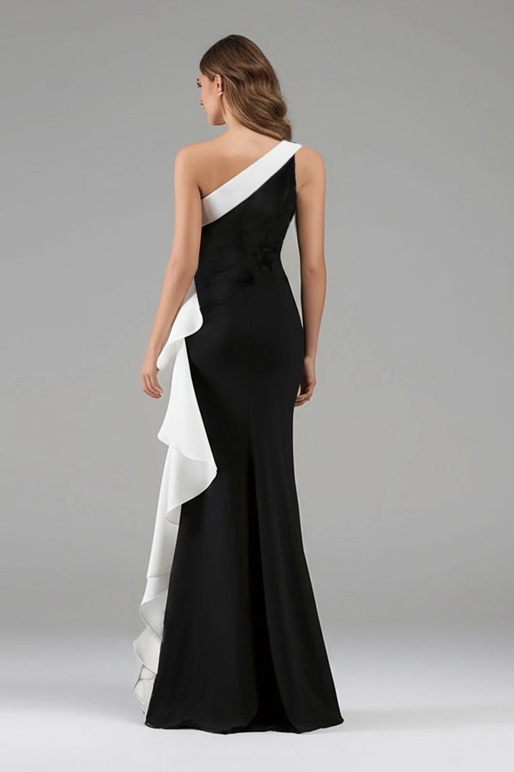 Back view RoselleDress black white mermaid prom dress one shoulder ruffle evening gown