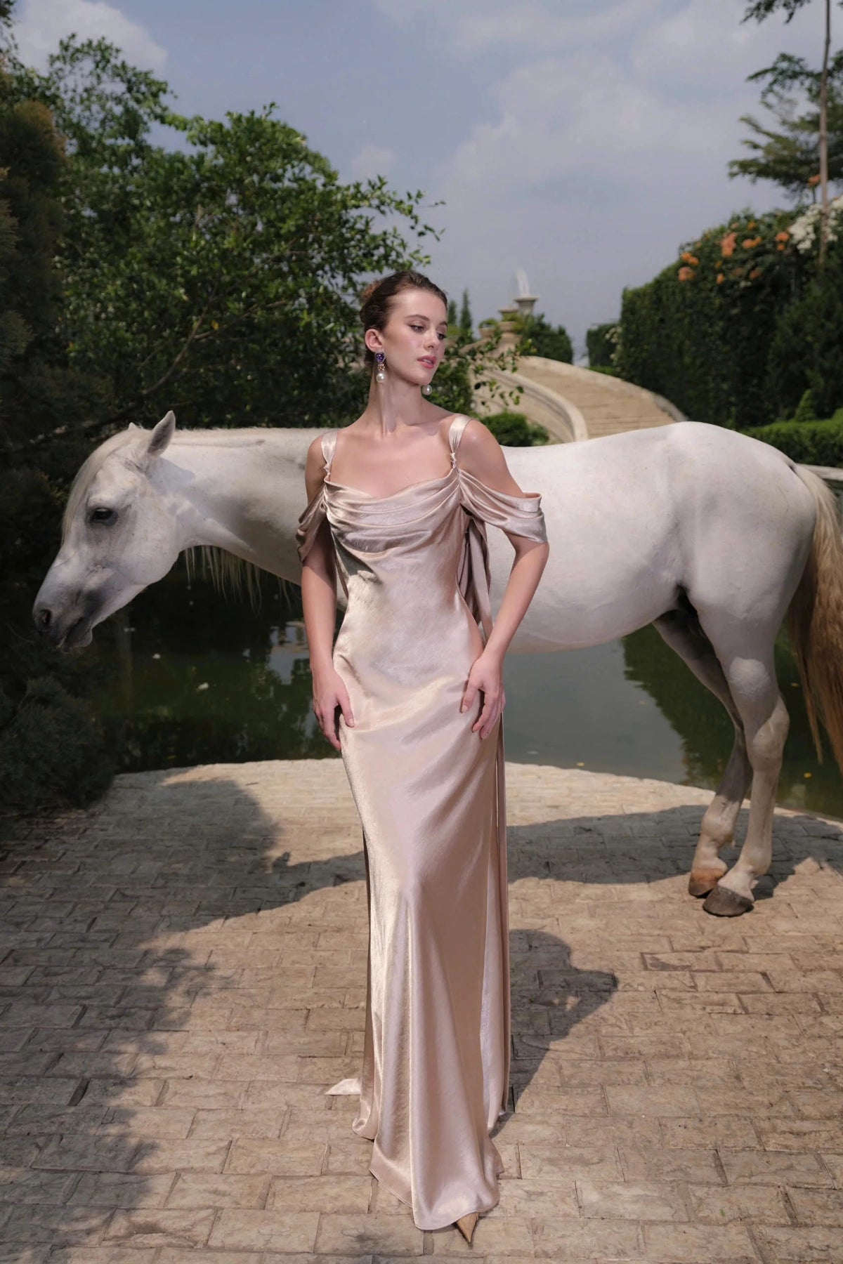 Gorgeous Mermaid Cowl Off‑Shoulder Draped‑Back Floor‑Length Wedding Dress