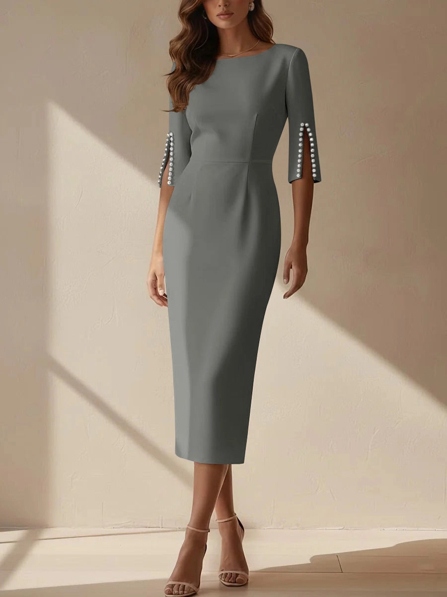 Chic Sheath Boat‑Neck Beaded‑Sleeve Zipper‑Back Midi Mother Of The Bride Dress