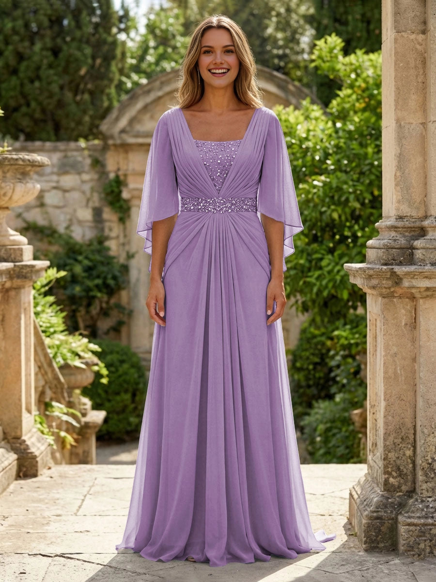 Soft Sky-Blue A-Line Square-Neck Flutter-Sleeve V-Back Floor-Length Wedding Guest Dress