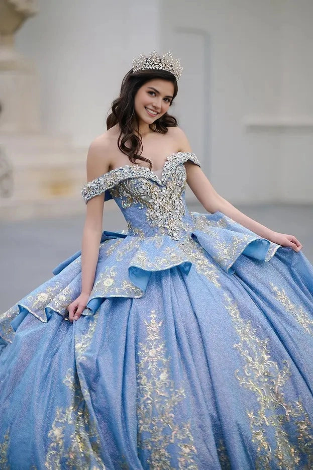 Sparkly Ball Gown Off Shoulder Short Sleeve Corset Back Train Quinceañera Dress