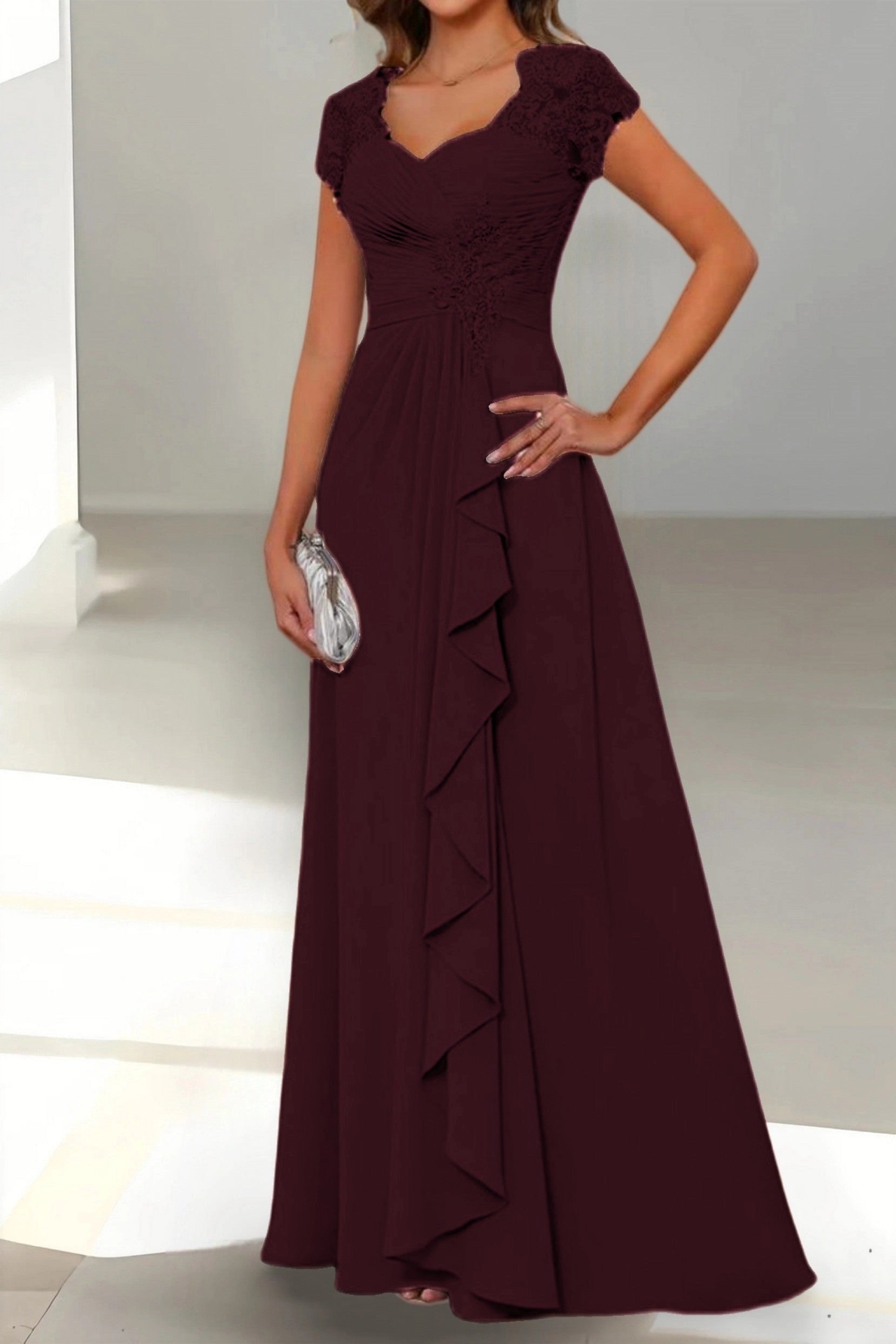 Elegant A-Line Sweetheart Cap Sleeve Zip Back Floor Length Mother Of The Bride Dress