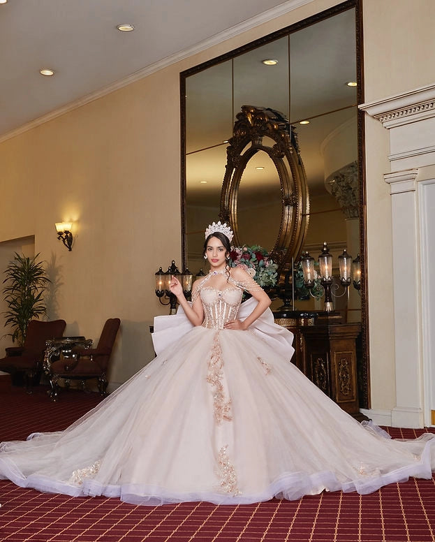 Ball Gown Beaded Strap Corset Back Big Bow Quinceañera Dress