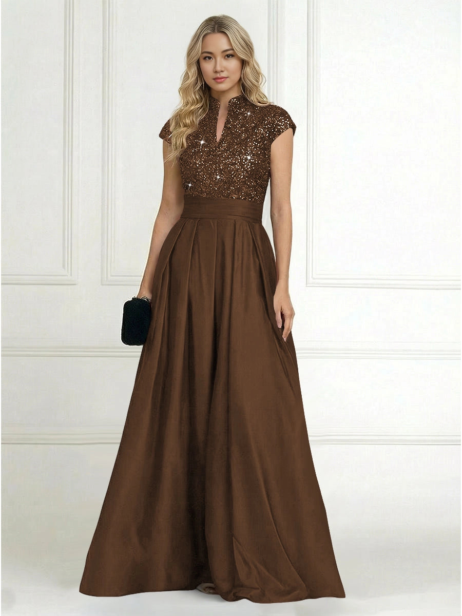 Luxury A-Line High-Neck Cap-Sleeve Zip-Back Floor-Length Plus Size Mother of the Bride Dress