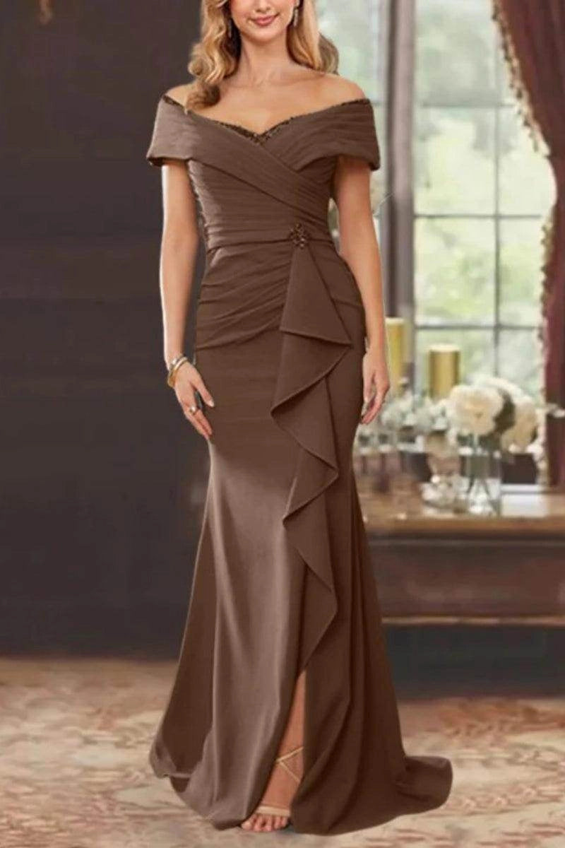 Chic Mermaid Off Shoulder Zip Back Slit Floor Length Mother Of The Bride Dress