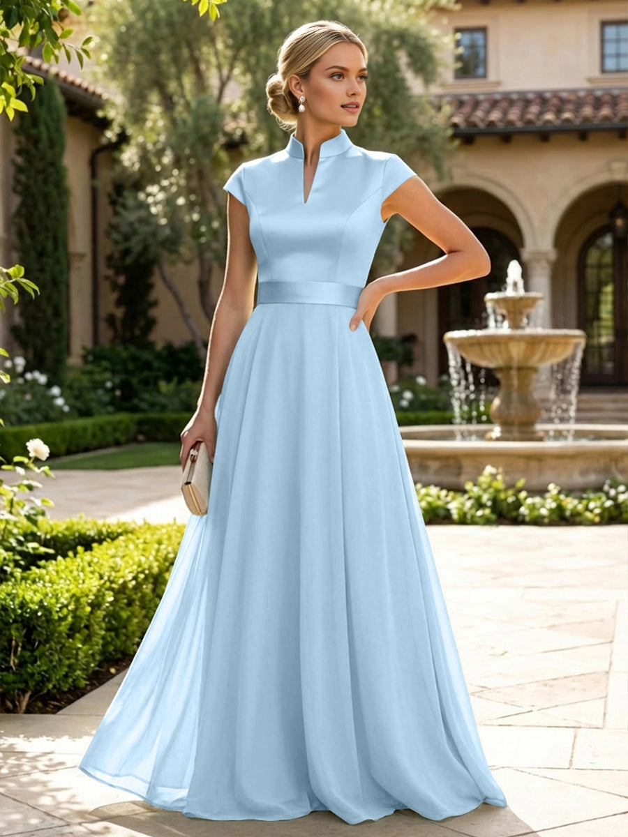 Elegant Sage A‑Line Stand‑Collar Cap‑Sleeve Zip‑Back Floor‑Length Mother Of The Bride Dress