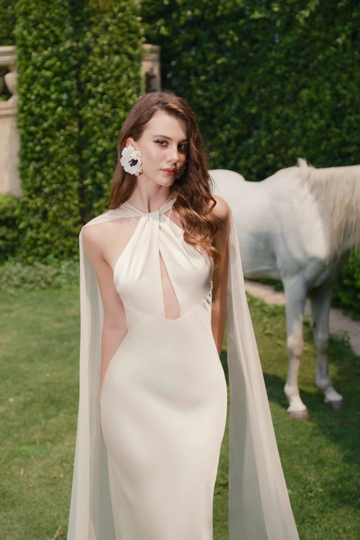 Luxury Mermaid Halter Sleeveless V‑Open Deep‑V‑Back Train Wedding Dress
