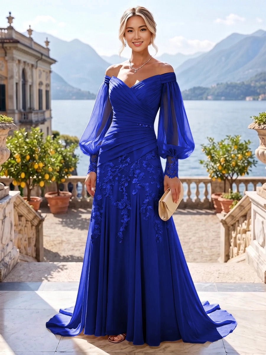 Romantic Mermaid Off-Shoulder Puff-Sleeve Zip-Back Sweep-Train Plus Size Mother of the Bride Dress