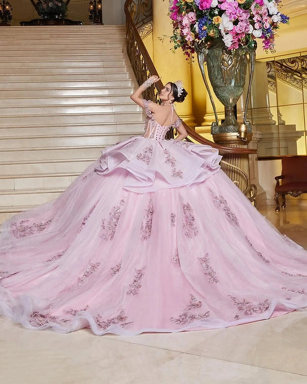 Back view Vedress blush pink quinceanera gown corset lace-up back open back long train tulle ballgown