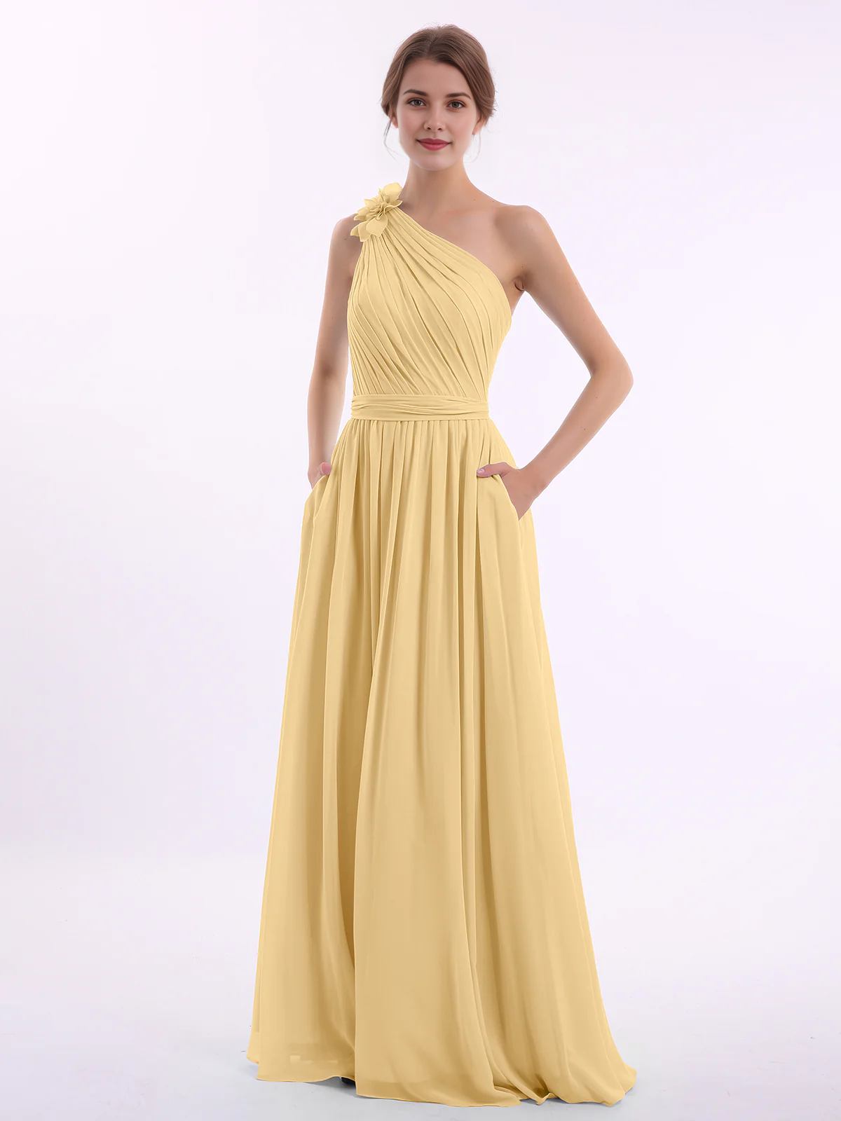 One Shoulder 3D Flower Ruched Chiffon Bridesmaid Maxi Dress with Pockets & Open Back Sash