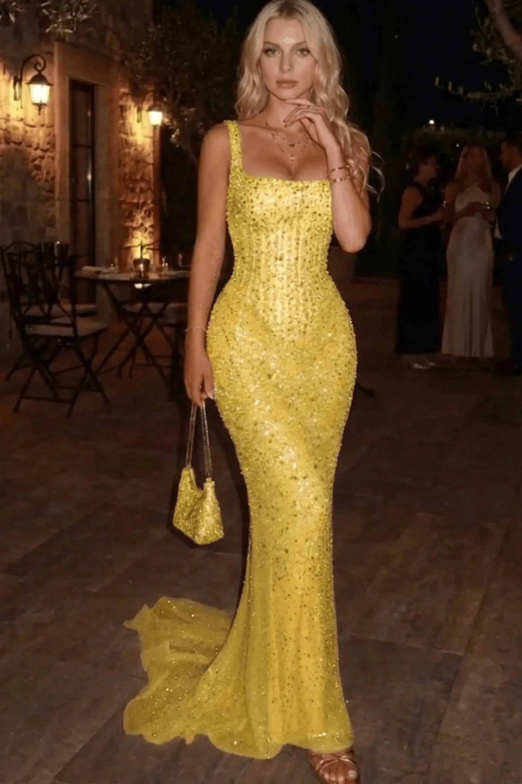 Sequin Mermaid Square Neck Sleeveless Zip Back Train Prom Dress