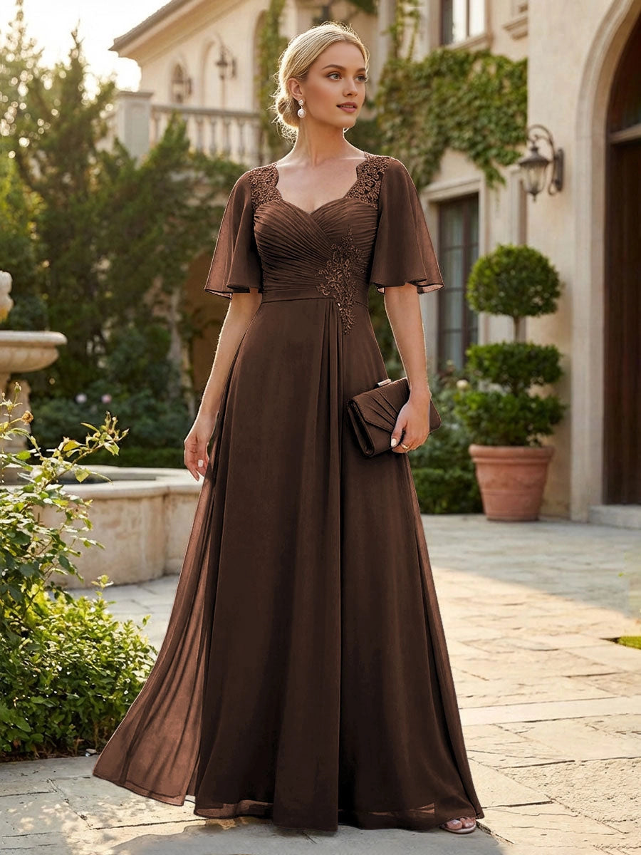 Graceful Dusty Blue A-Line Sweetheart Flutter-Sleeve Sweetheart-Back Floor-Length Mother Of The Bride Dress