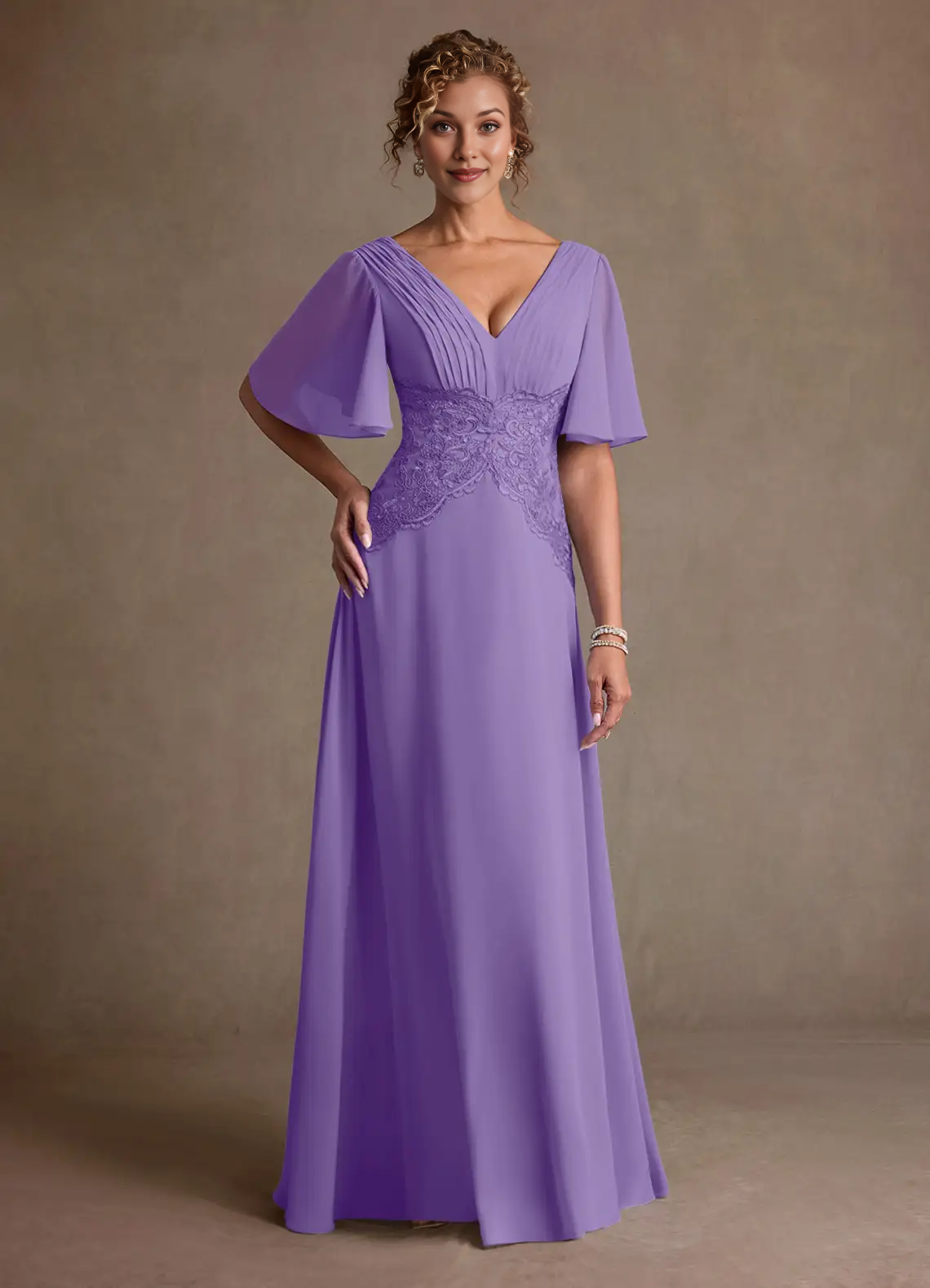 V-Neck Flutter Sleeve Lace Waist Chiffon A-Line Floor-Length Mother of the Bride Dress