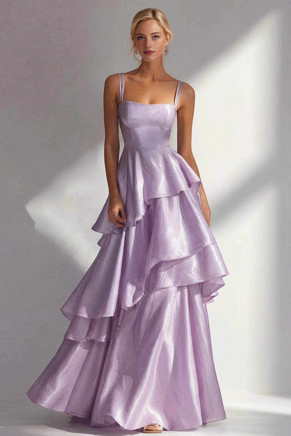 Shiny A Line Square Neck Straps Open Back Tiered Maxi Wedding Guest Dress