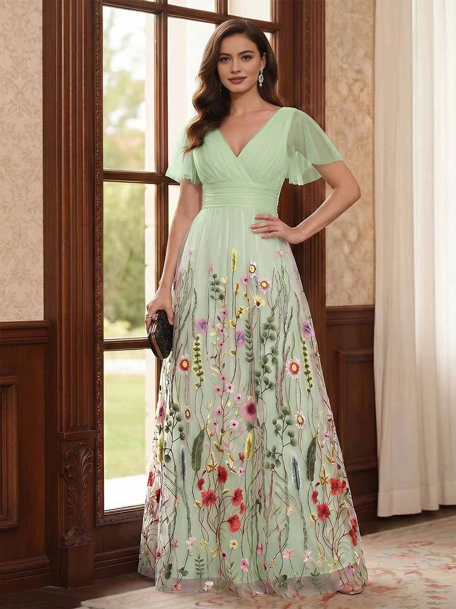 Gorgeous Black A‑Line V‑Neck Flutter‑Sleeve V‑Back Floor‑Length Floral Embroidered Mother Of The Bride Dress