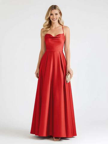 Spaghetti Strap Cowl Neck Satin A-Line Floor-Length Bridesmaid Dress with Crisscross Back