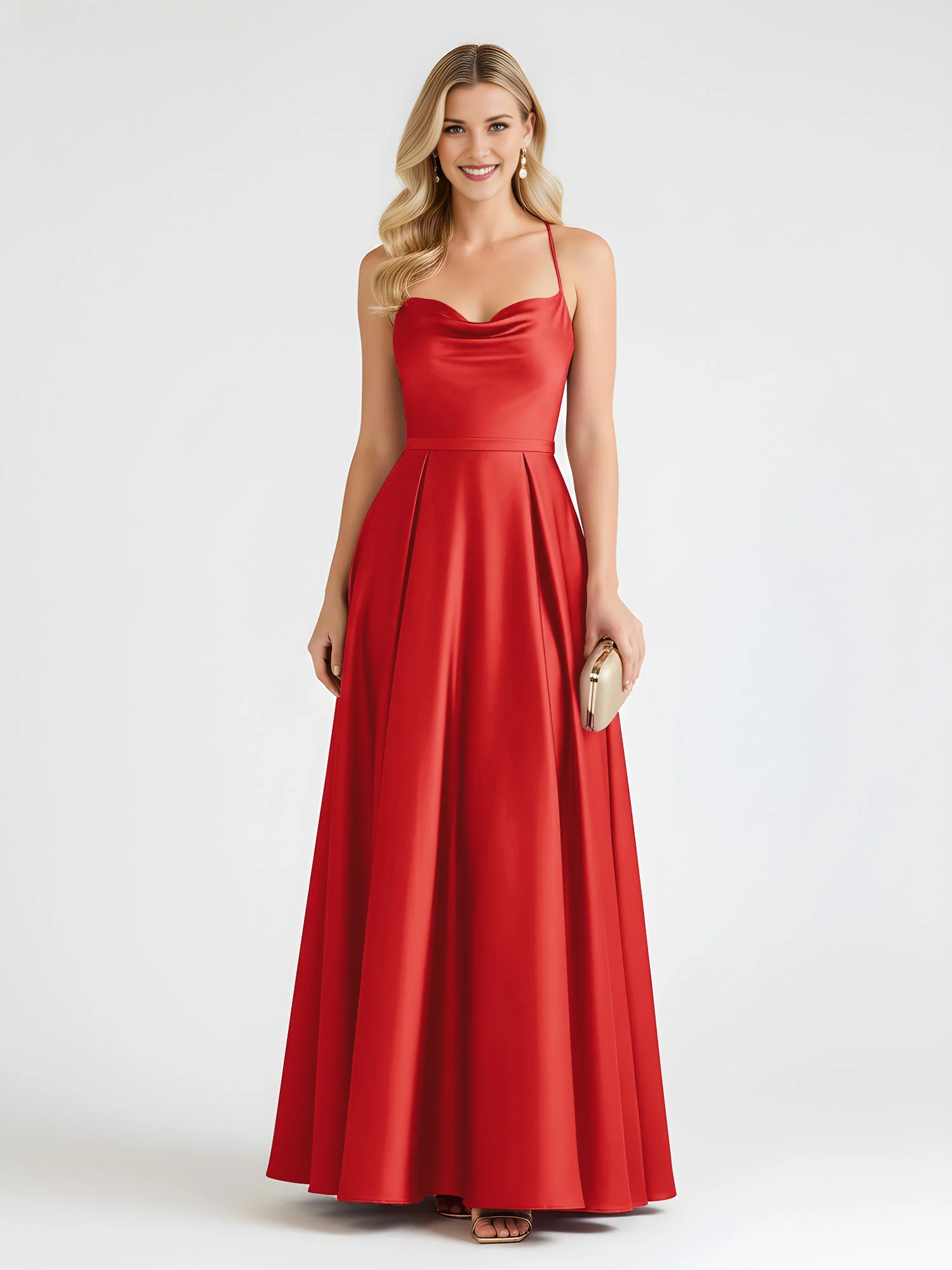 Spaghetti Strap Cowl Neck Satin A-Line Floor-Length Bridesmaid Dress with Crisscross Back