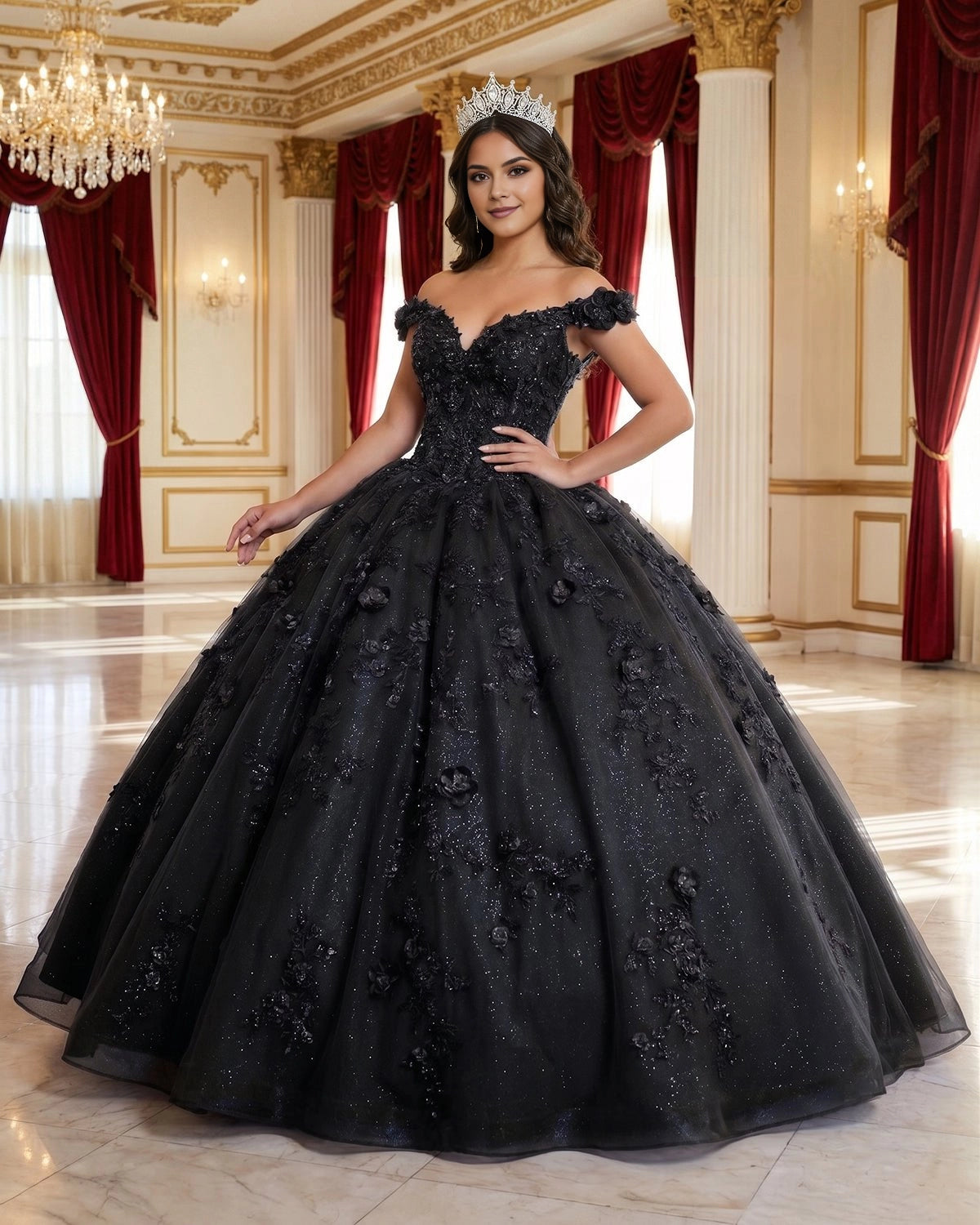Ballgown Off-shoulder V-neck Short Sleeve Lace-up Back Floor Length Quinceañera Dress