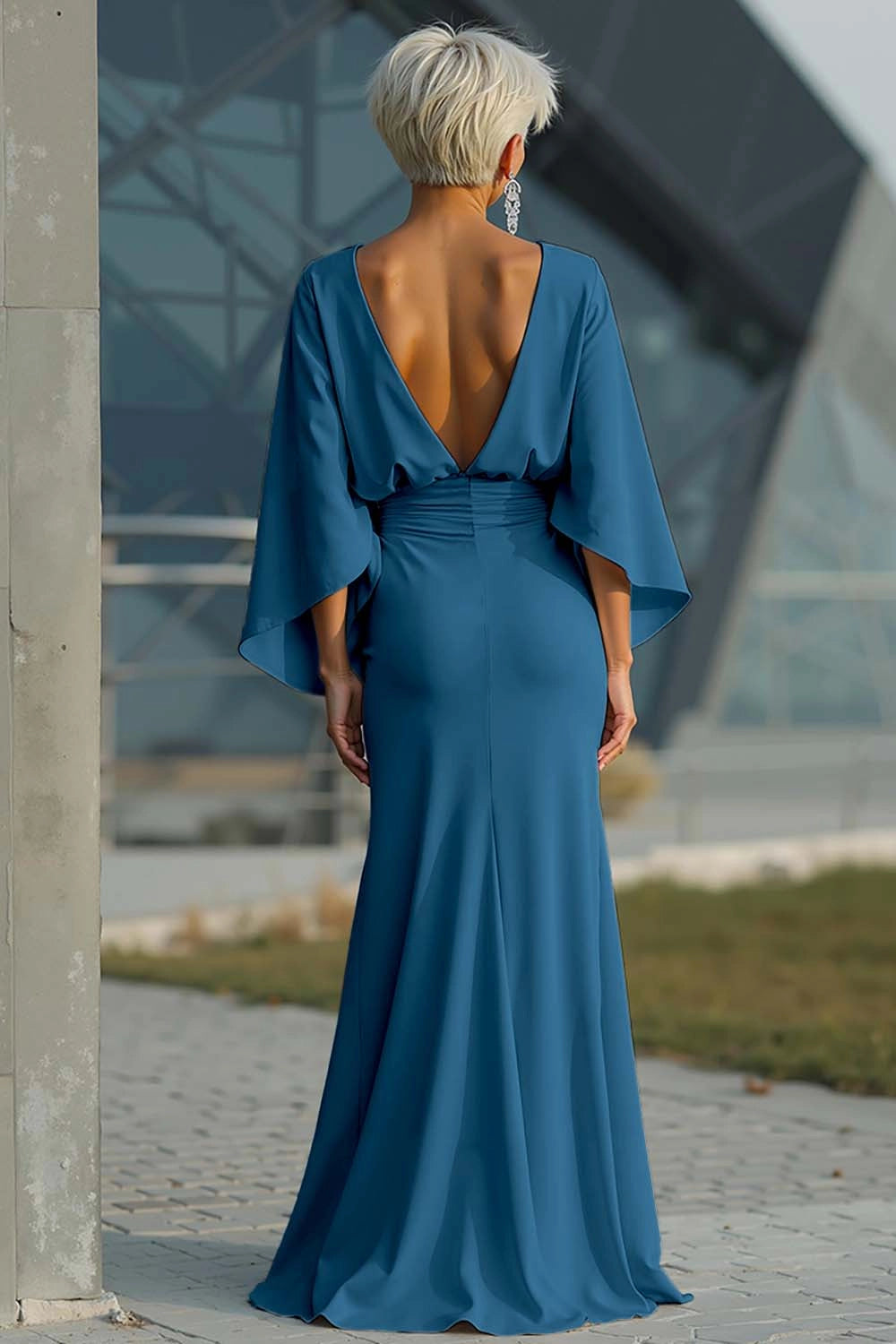 Satin Mermaid Boat Neck Dolman Deep V Back Maxi Wedding Guest Dress