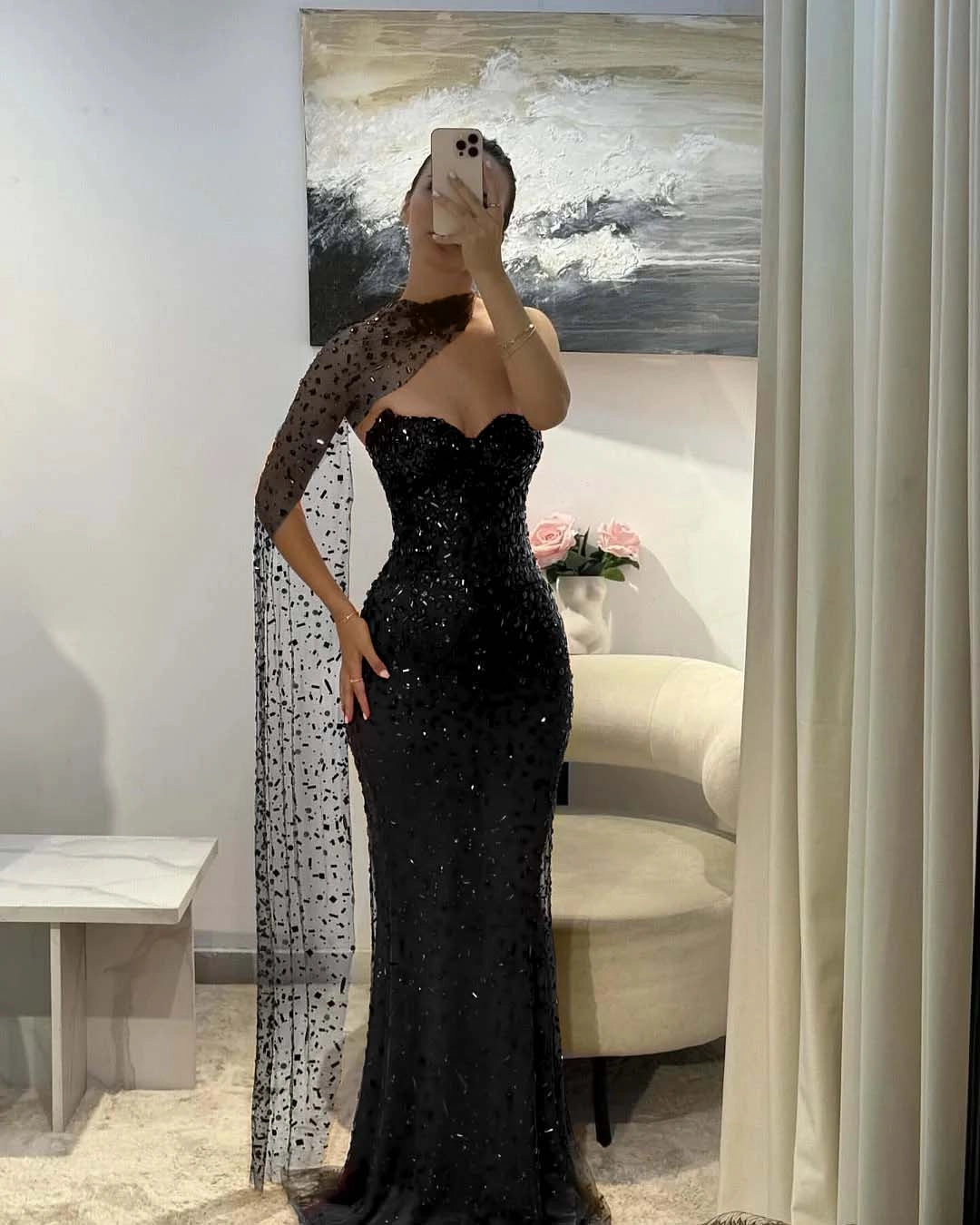 Sparkly Mermaid Sweetheart One‑Sleeve Open‑Back Long Prom Dress