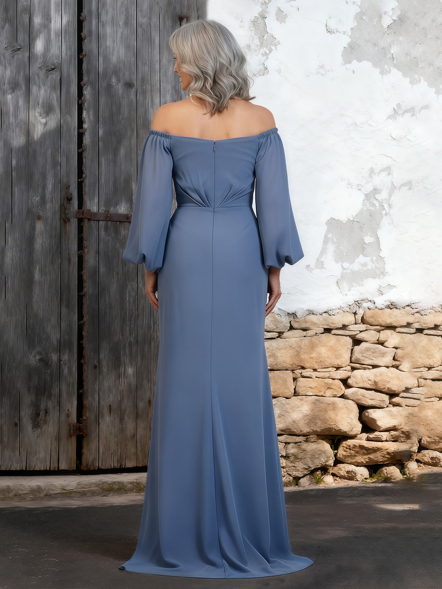 Dusty Blue Off-the-Shoulder Puff Sleeve Beaded Chiffon Evening Gown Elegant Mother of the Bride Dress for Wedding & Formal Events