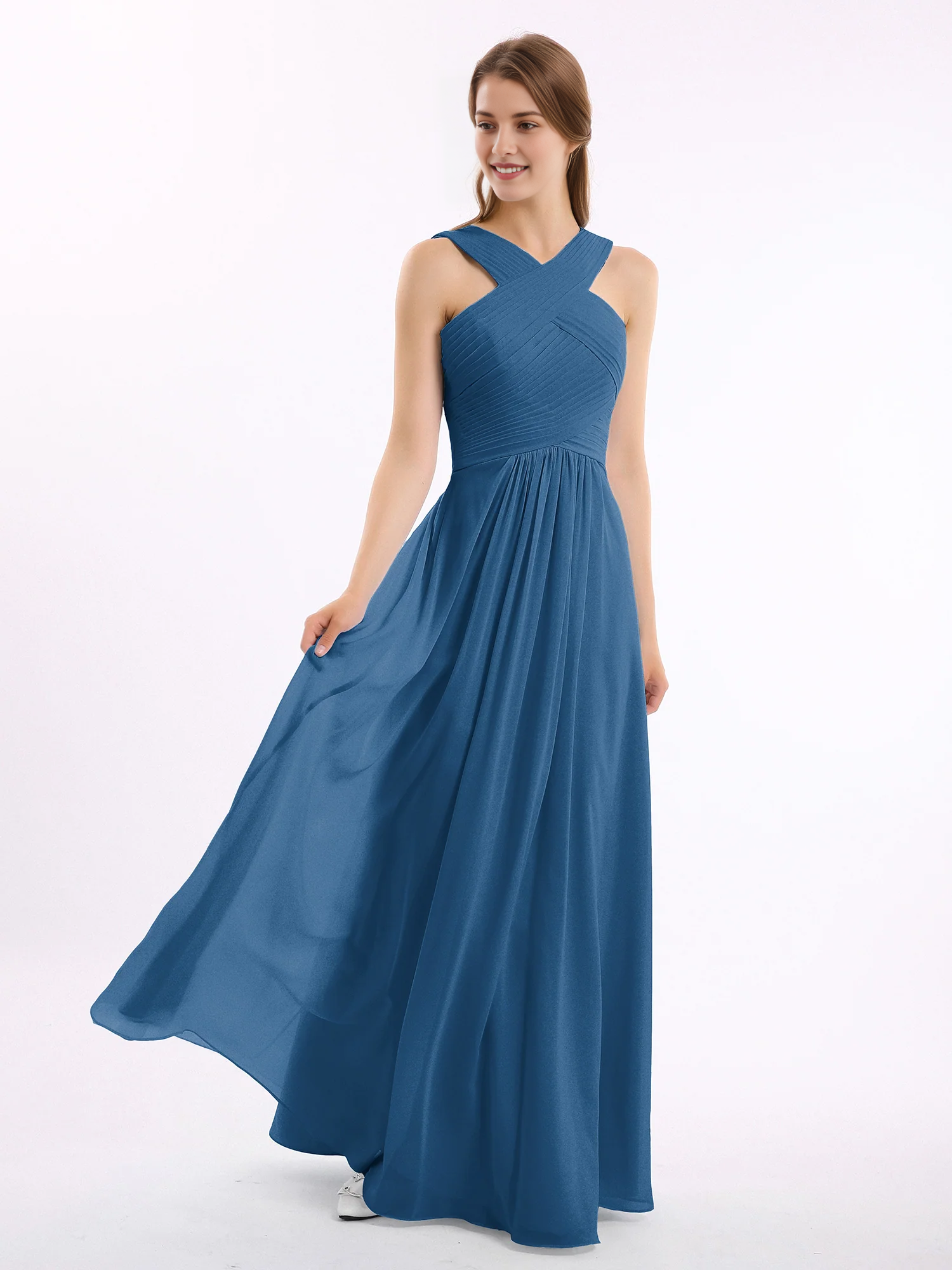 Crisscross Neck Pleated Bodice Flowy Chiffon A-Line Floor-Length Bridesmaid Evening Maxi Dress