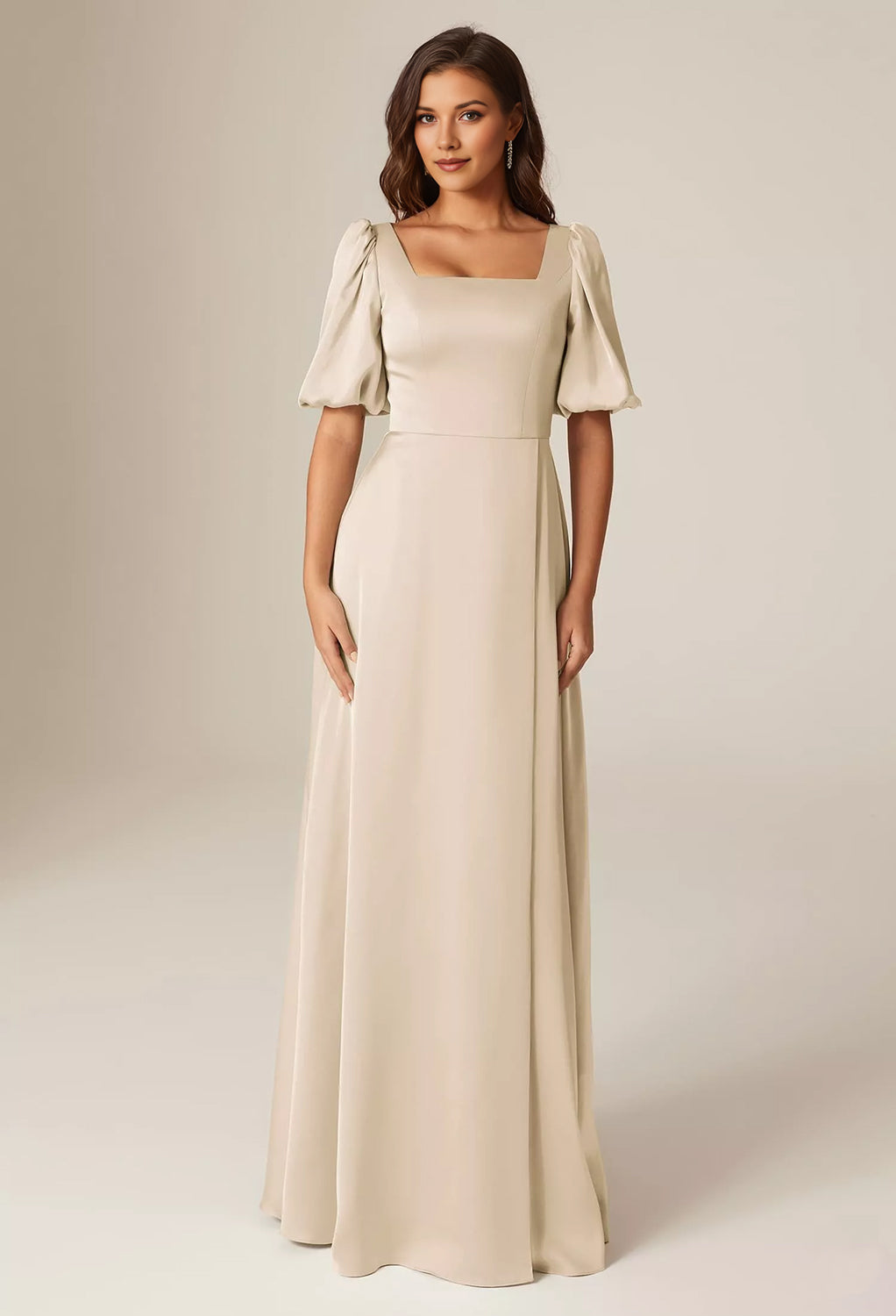 Square Neck Puff Sleeve Satin A-Line Bridesmaid Maxi Dress with Side Slit