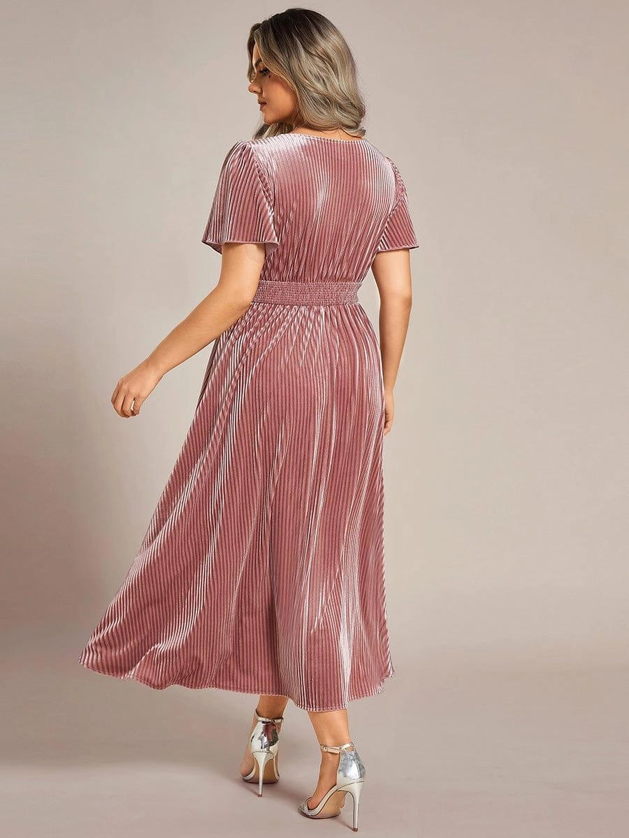 Rust‑Brown A‑Line V‑Neck Flutter‑Sleeve Plain‑Back Midi Mother Of The Bride Dress