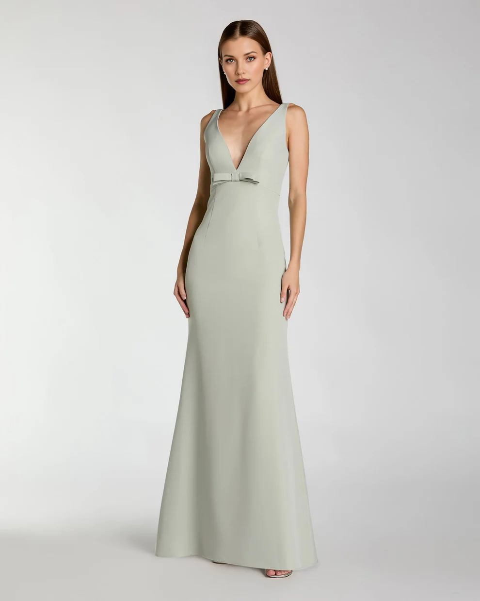 Sleeveless Deep V-Neck Mermaid Gown with Waist Bow Detail