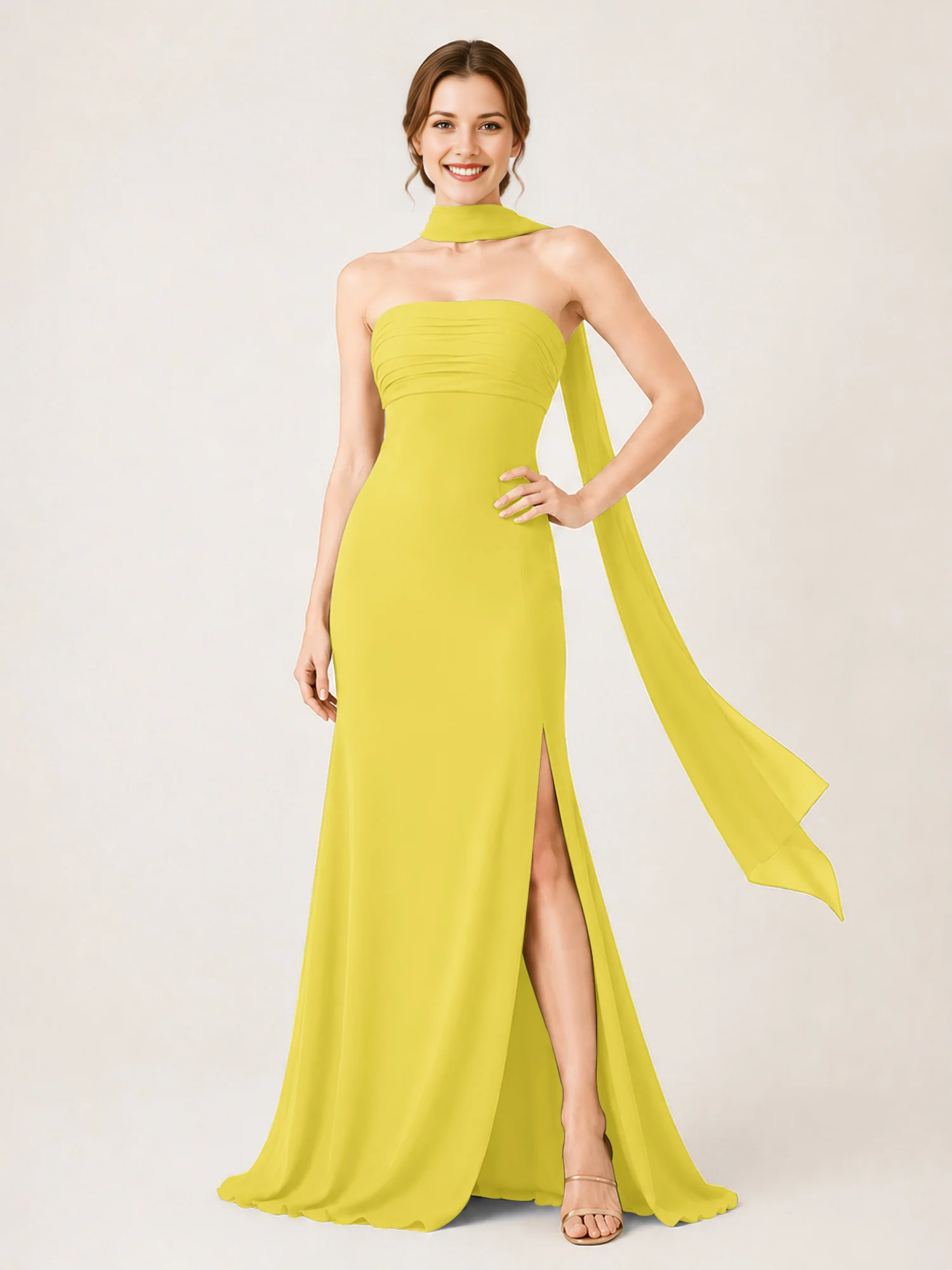 Strapless Ruched Chiffon Mermaid Bridesmaid Dress with Choker Scarf & High Slit