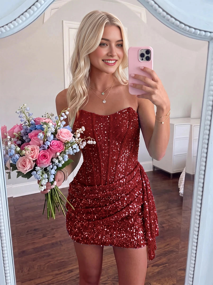 Sparkling Sequin Sheath Sweetheart Strapless Sleeveless Zip‑Back Mini Homecoming Dress
