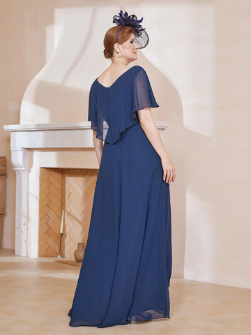 Elegant Chiffon Evening Gown V-Neck Flutter Sleeve Beaded Bodice High Low Maxi Dress for Wedding Guests