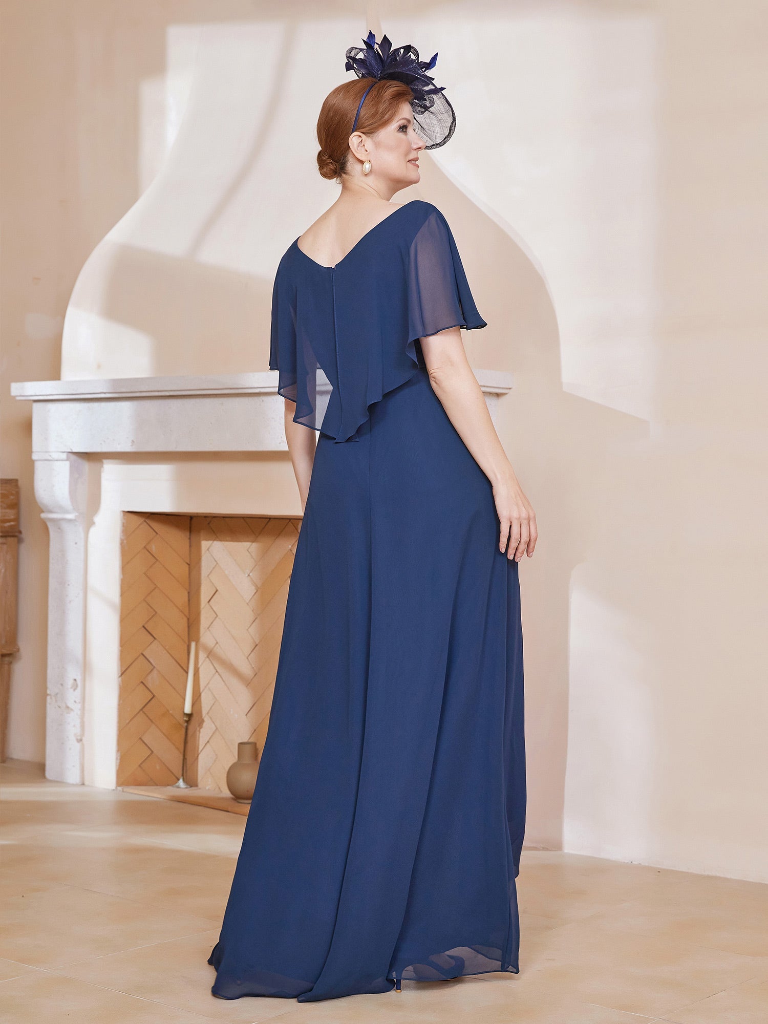 Elegant Chiffon Evening Gown V-Neck Flutter Sleeve Beaded Bodice High Low Maxi Dress for Wedding Guests