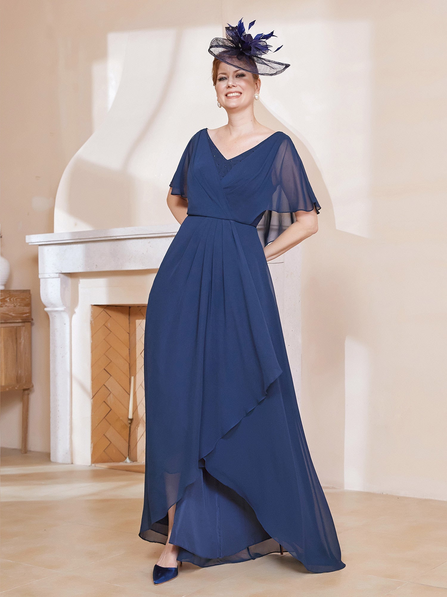 Elegant Chiffon Evening Gown V-Neck Flutter Sleeve Beaded Bodice High Low Maxi Dress for Wedding Guests
