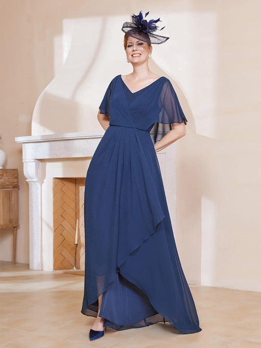 Elegant Chiffon Evening Gown V-Neck Flutter Sleeve Beaded Bodice High Low Maxi Dress for Wedding Guests