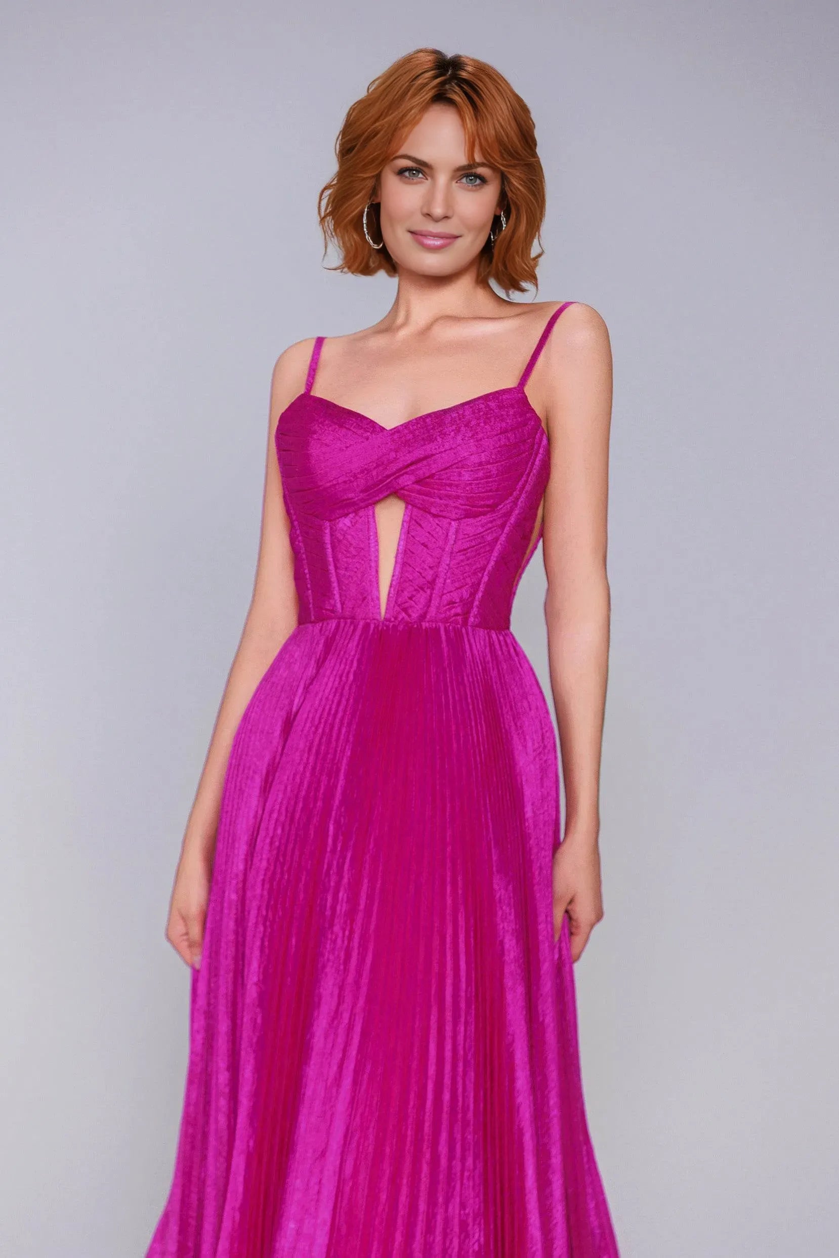 Striking A-Line Spaghetti Strap Pleated Metallic Keyhole Prom Gown