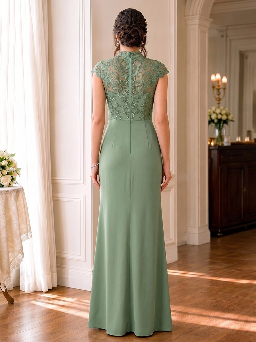 Model wearing vedress soft sage green lace back formal dress zip back long mother of bride outfit