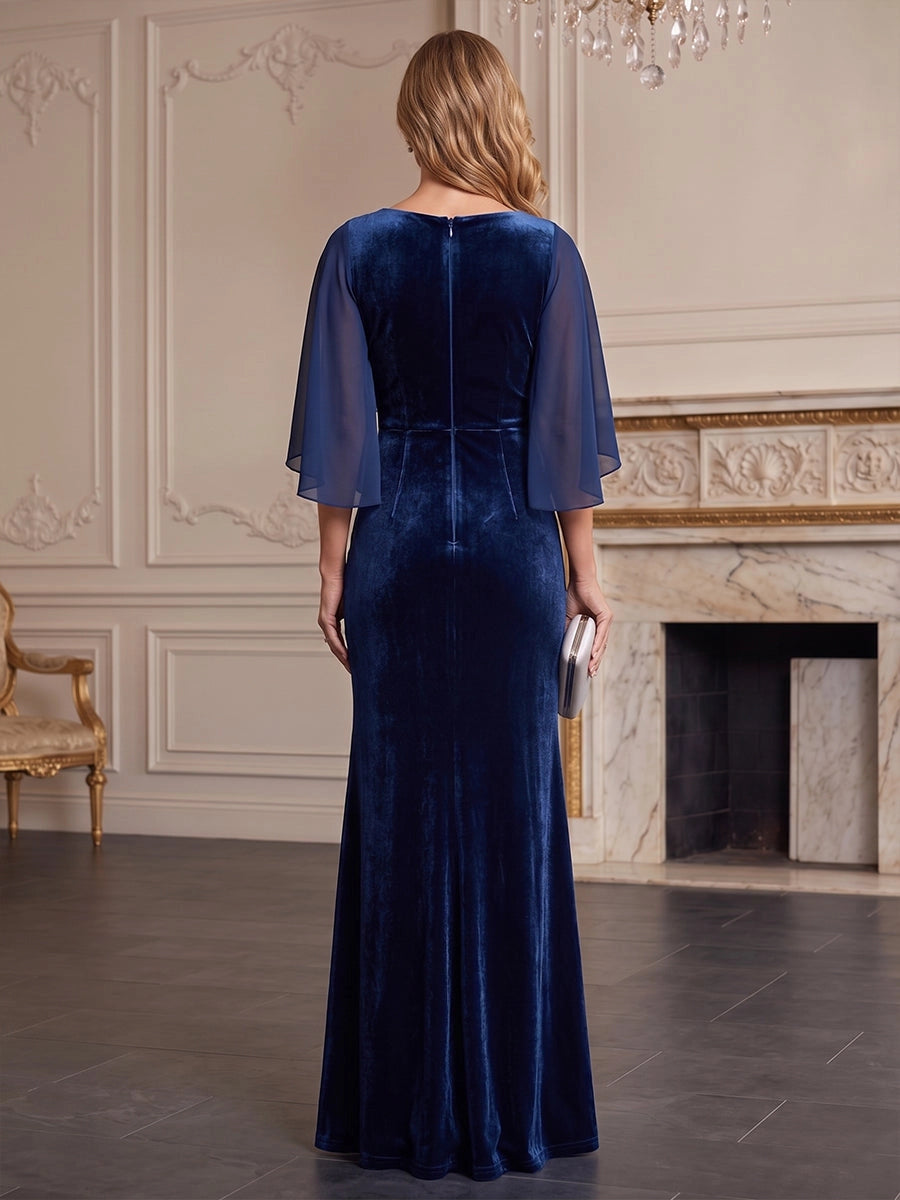 Back view vedress zip back v neck flutter sleeve velvet mermaid floor length plus size mother gown
