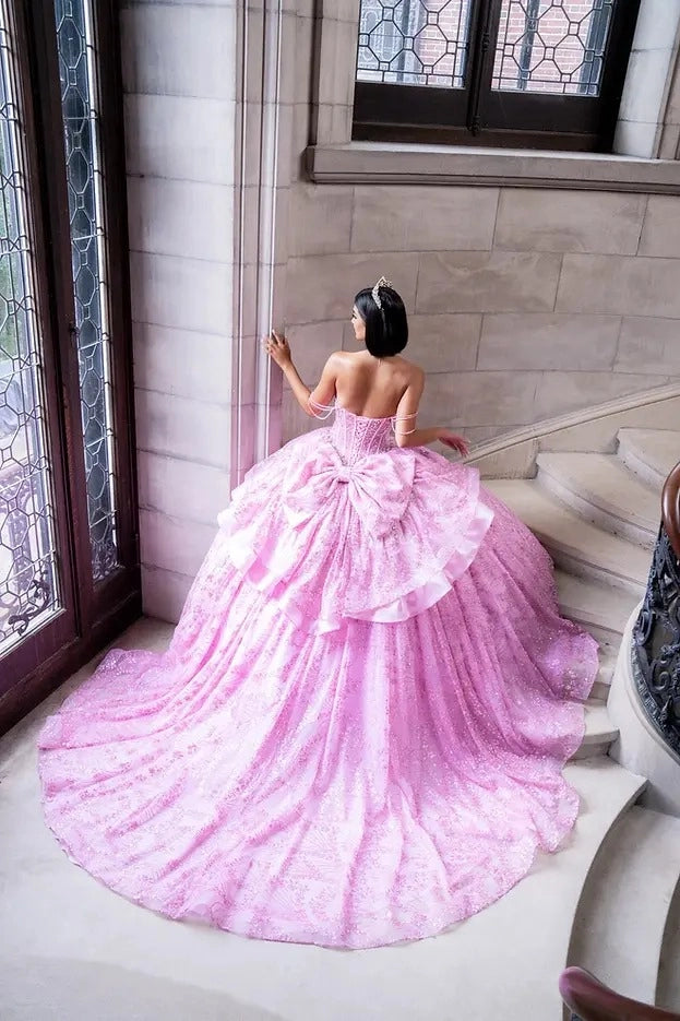 Vedress pink quinceañera gown corset lace-up back oversized ruffle bow layered long train back view