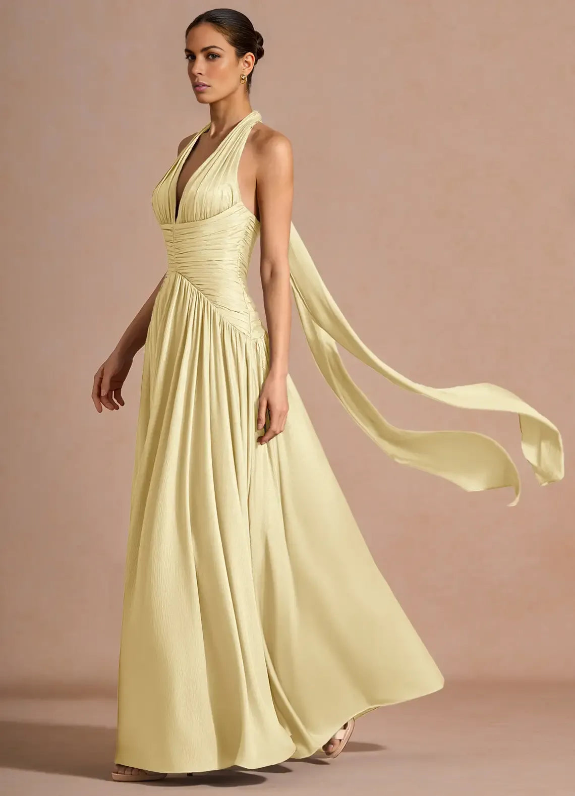 Elegant A-line Halter Sleeveless Maxi Lace-up Slit Formal Wedding Guest Dress