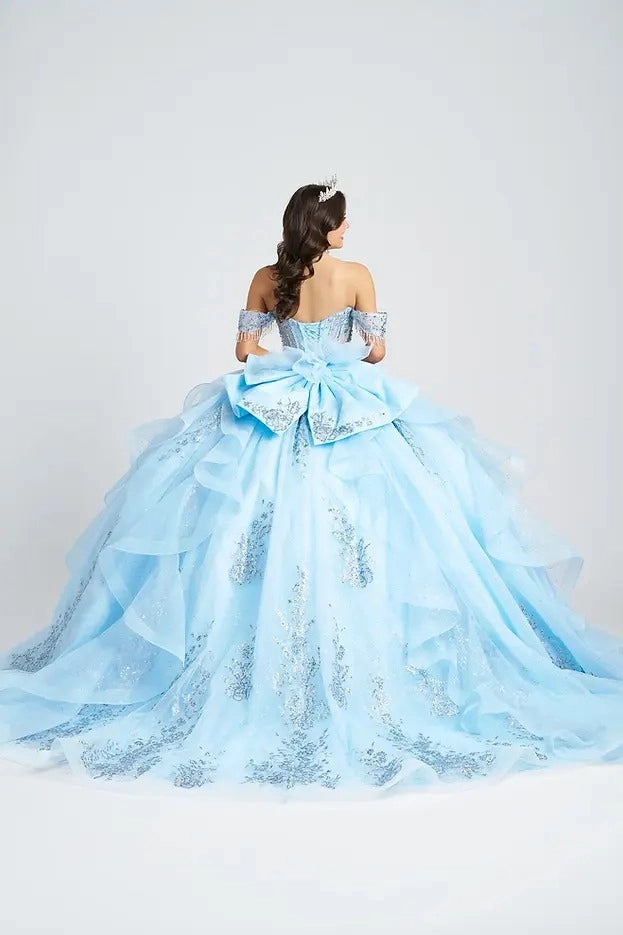 Ball Gown Off Shoulder Sequin Bow Long Train Quinceañera Dress