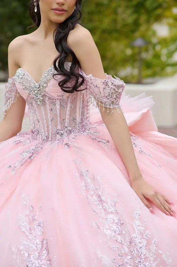Ball Gown Off Shoulder Sequin Bow Long Train Quinceañera Dress