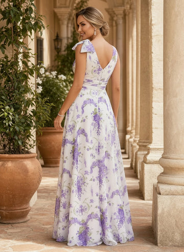 Vedress wisteria floral chiffon A-line gown back view deep V back bow strap center zipper floor length