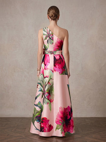 Vedress pink floral satin one shoulder a-line mother of bride dress zipper back view