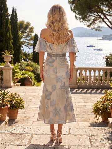 Vedress floral lace off shoulder midi formal dress back view with beaded waistband concealed zipper