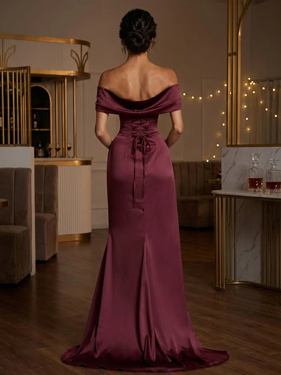 Back view vedress burgundy satin mermaid gown lace‑up corset back off‑shoulder prom evening dress